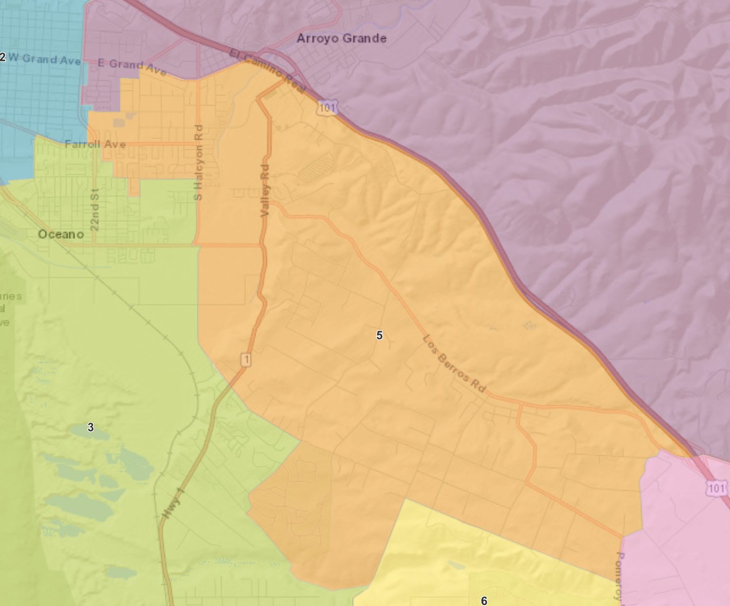 Map of Lucia Mar Unified School District Trustee Area 5, shaded orange, covering the area east and south of Arroyo Grande along Valley Road and Los Berros Road